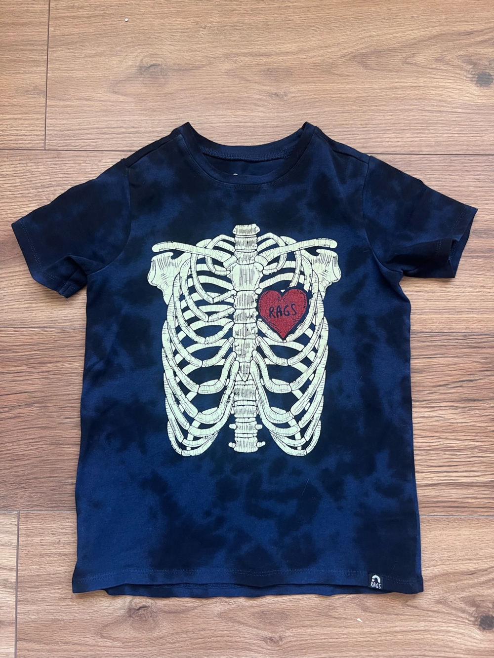 RAGS Skeleton Ribcage Heart Navy Tie Dye Tee 5/6